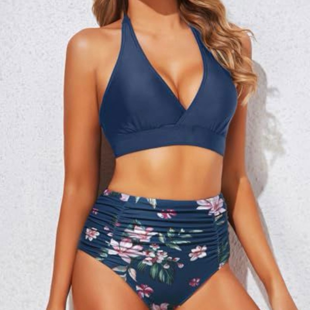 Floral Navy Halter Bikini Set